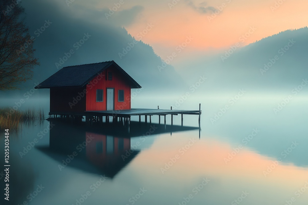 Red wooden cabin floating on a misty lake at sunrise Red wooden cabin floating on a misty lake at sunrise