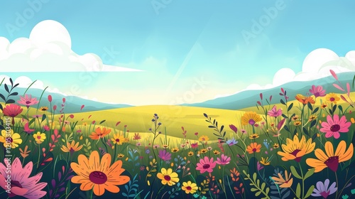 Field of flowers with a blue sky in the background