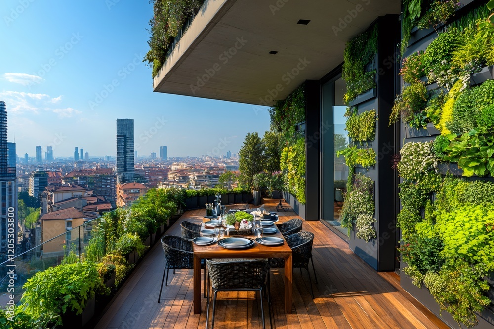 Obraz premium Luxury penthouse terrace overlooking milan with vertical garden and outdoor dining table