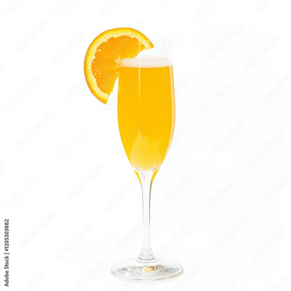 A fruity and bubbly Mimosa cocktail with orange juice and champagne, garnished with an orange slice, against an isolated white background A fruity and bubbly Mimosa cocktail with orange juice and champagne, garnished with an orange slice, against an isolated white background