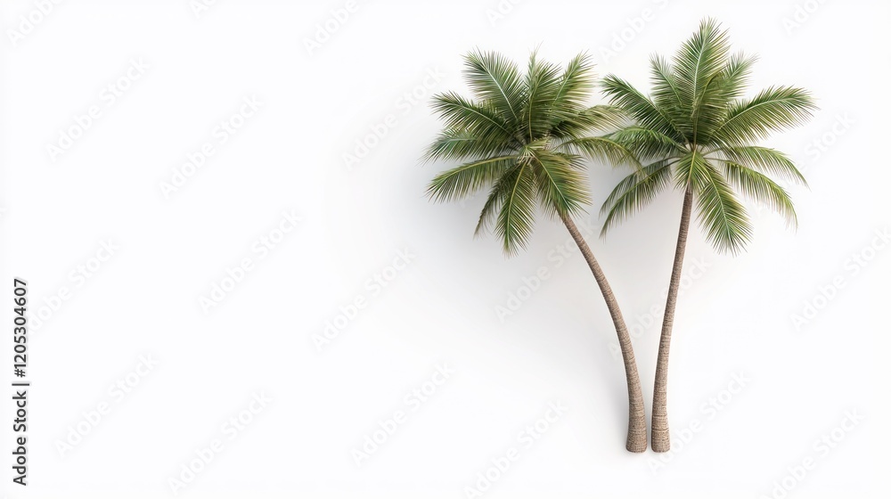 Obraz premium Two palm trees with a minimalist white background, evoking a tropical vibe.