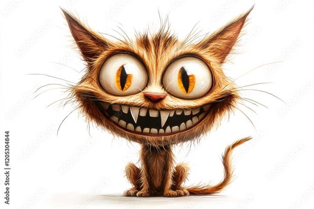 Fototapeta premium Crazy cartoon cat showing teeth and big eyes sitting on white background