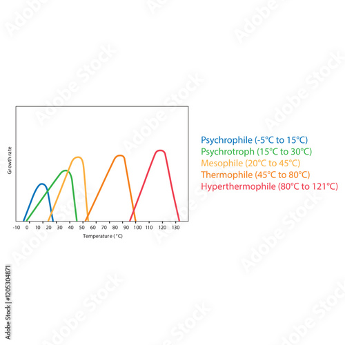 Diagram showing ideal bacterial growth temperature - Psychrophile, psychrotroph, mesophile, thermophile and hyperthermophile