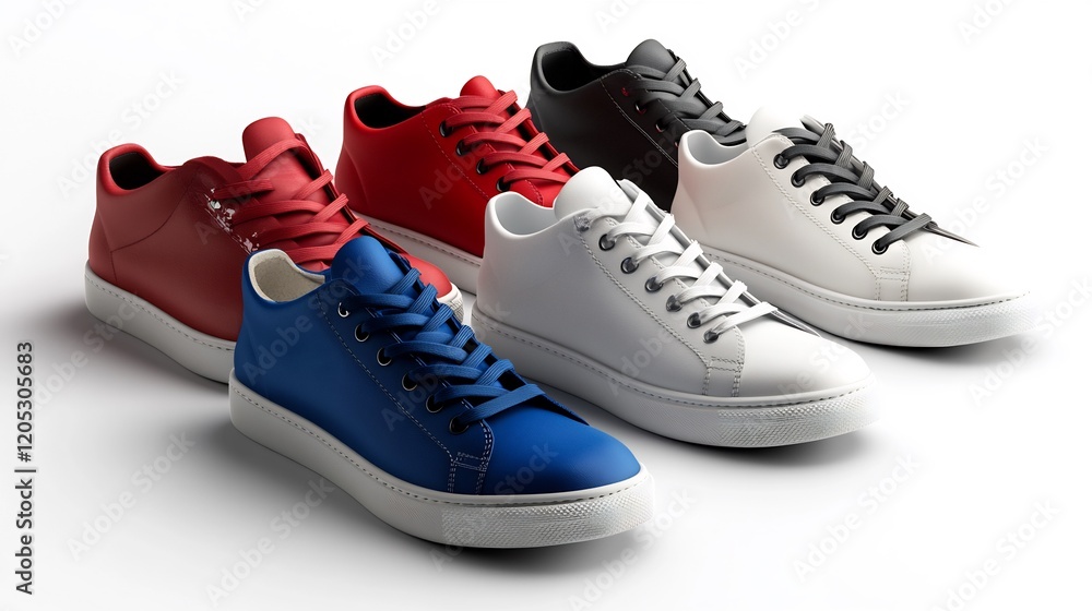 Stylish Collection of Leather Sneakers in Red, White, Black, and Blue Stylish Collection of Leather Sneakers in Red, White, Black, and Blue