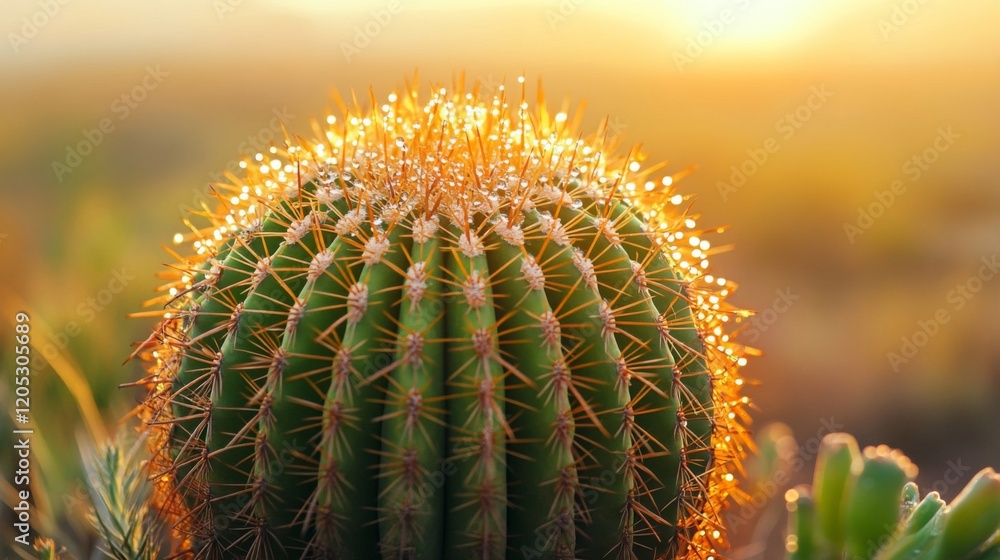 Dew Covered Cactus At Sunrise Golden Light Dew Covered Cactus At Sunrise Golden Light