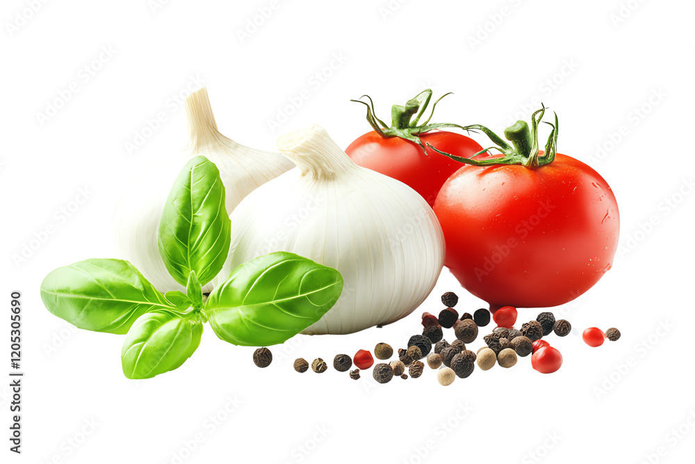 Fresh ingredients including ripe tomatoes, aromatic basil, white onions, and colorful spices create a vibrant culinary scene for cooking enthusiasts.,Isolated on transparent background Fresh ingredients including ripe tomatoes, aromatic basil, white onions, and colorful spices create a vibrant culinary scene for cooking enthusiasts.,Isolated on transparent background