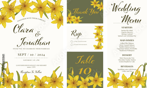 Wedding card save the date botanical floral yellow flowers nature green