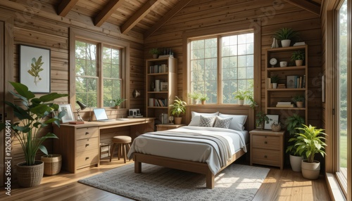 Cozy Wooden Cabin Bedroom with Ample Natural Light photo