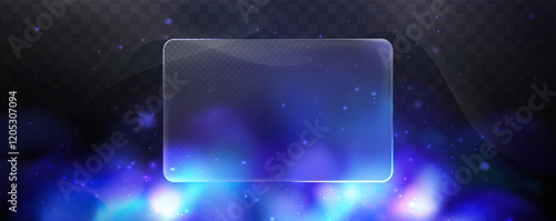 Blurred galaxy design with glowing particles .Illustration of blue abstract background with effect glass morphism. Frosted rectangular glass. Smoke effect.