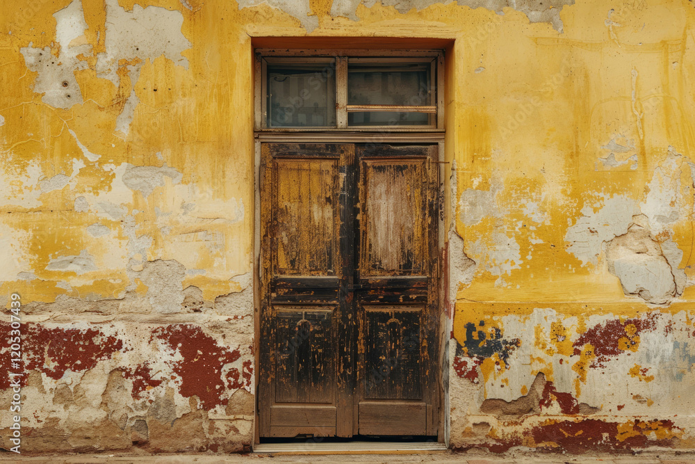 Fototapeta premium Yellow concrete wall with old wooden door in european city. Detailed photo textured background