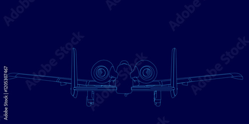 Blue airplane outline. The airplane is in the air and has two engines. The image is in blue