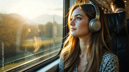 woman listening music in the train