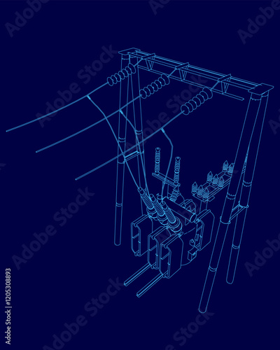Blue drawing of a power line with a power station in the middle. The drawing is in blue and is very detailed