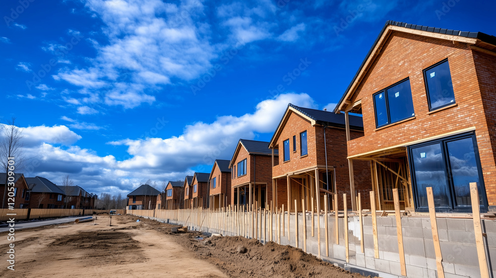 Wooden terraced houses with a modern design being constructed, featuring large glass windows and eco-friendly materials under a vibrant blue sky Wooden terraced houses with a modern design being constructed, featuring large glass windows and eco-friendly materials under a vibrant blue sky