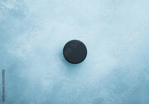 A black puck is sitting on a blue surface