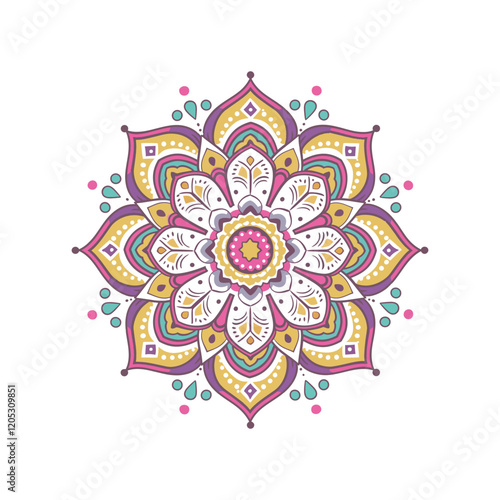 Vibrant Mandala Design with Intricate Floral Patterns. A beautiful, symmetrical mandala design featuring intricate floral patterns in a variety of vibrant colors including orange, reds, blues, 