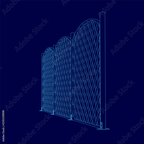 Blue image of a fence with a blue background. The fence is made of metal and has a diamond pattern