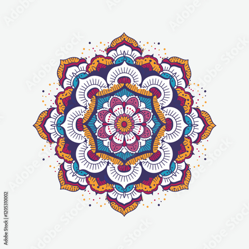 Vibrant Mandala Design with Intricate Floral Patterns. A beautiful, symmetrical mandala design featuring intricate floral patterns in a variety of vibrant colors including orange, reds, blues, 