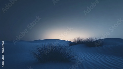 Silhouetted spinifex grass clumps growing on rippled sand dunes with setting sun illuminating horizon photo