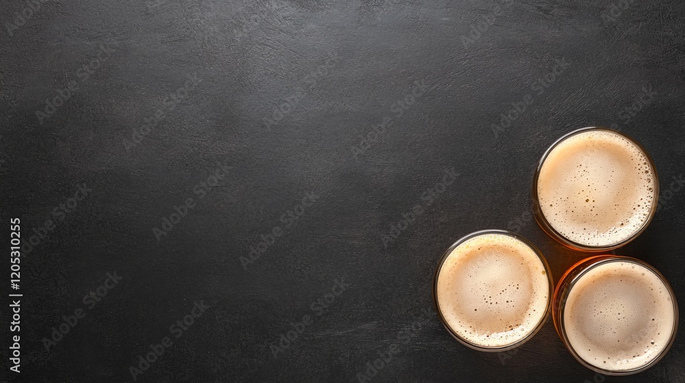Three glasses of frothy beer on a dark textured surface, perfect for a pub or brewery advertisement. Three glasses of frothy beer on a dark textured surface, perfect for a pub or brewery advertisement.
