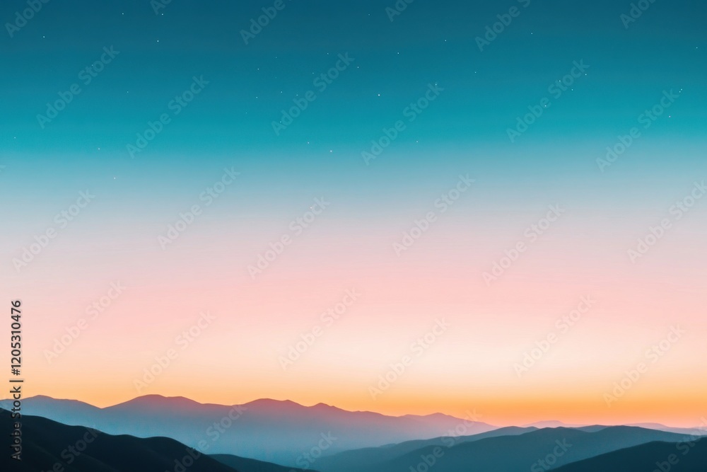 Fototapeta premium Colorful sunset illuminating mountain range with stars in the sky