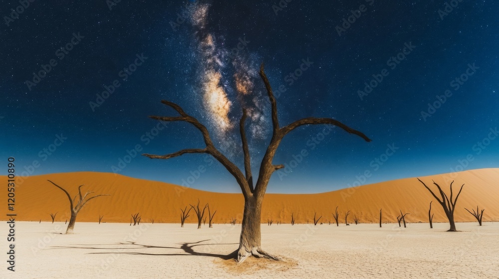 Dead Trees Desert Landscape Under Milky Way Stars Dead Trees Desert Landscape Under Milky Way Stars