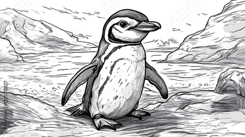 Coastal Penguin: A Pen-and-Ink Sketch of Antarctic Serenity photo