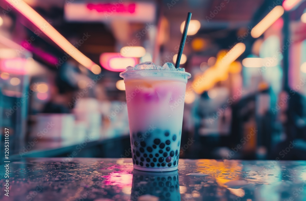 Colorful boba tea in an tall plastic cup with boba pearls Colorful boba tea in an tall plastic cup with boba pearls
