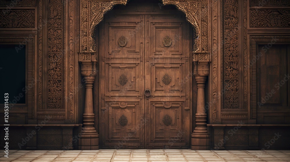 Obraz premium A photo of a mosques intricate wooden door.