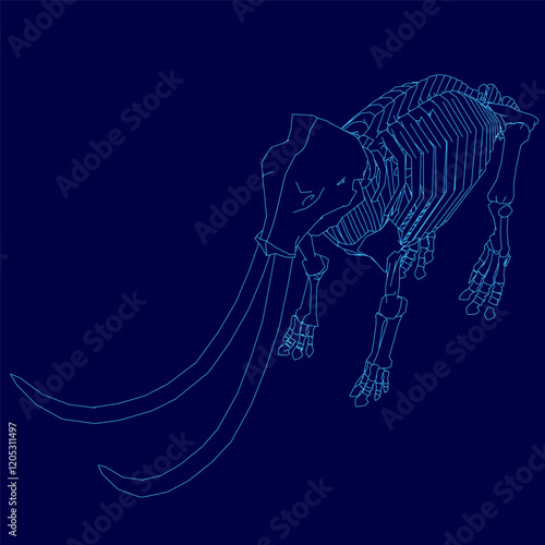 Blue drawing of a skeleton with a long tusk. Concept of mystery and intrigue, as the viewer is left to imagine the story behind the skeleton and its tusk