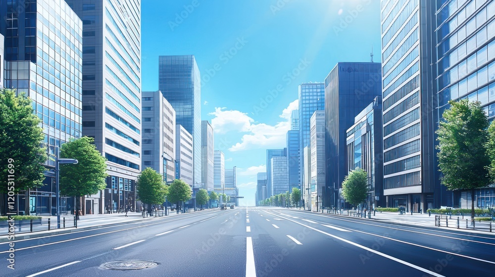Fototapeta premium Tranquil Cityscape: A Sun-Drenched Street in Modern Metropolis