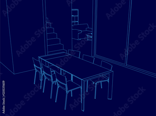 Blue drawing of a dining room with a table and chairs. The chairs are arranged around the table, and there are two staircases in the background