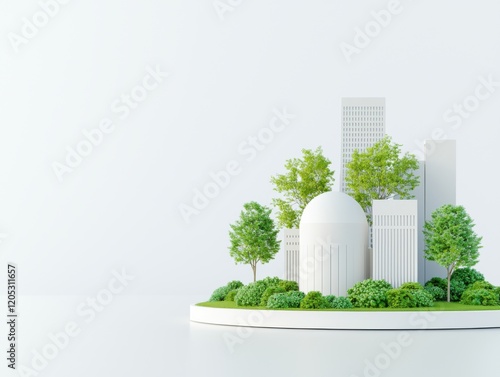 A miniature urban landscape featuring white buildings and lush greenery, symbolizing sustainable city design.