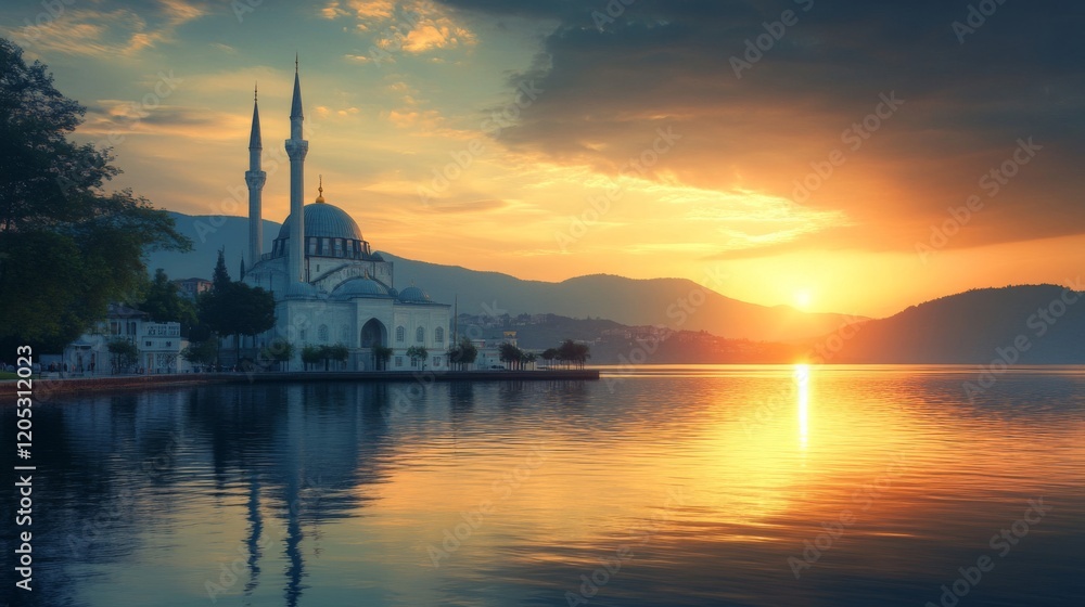 Obraz premium Majestic Mosque Sunset Lakeside Scenic Beauty