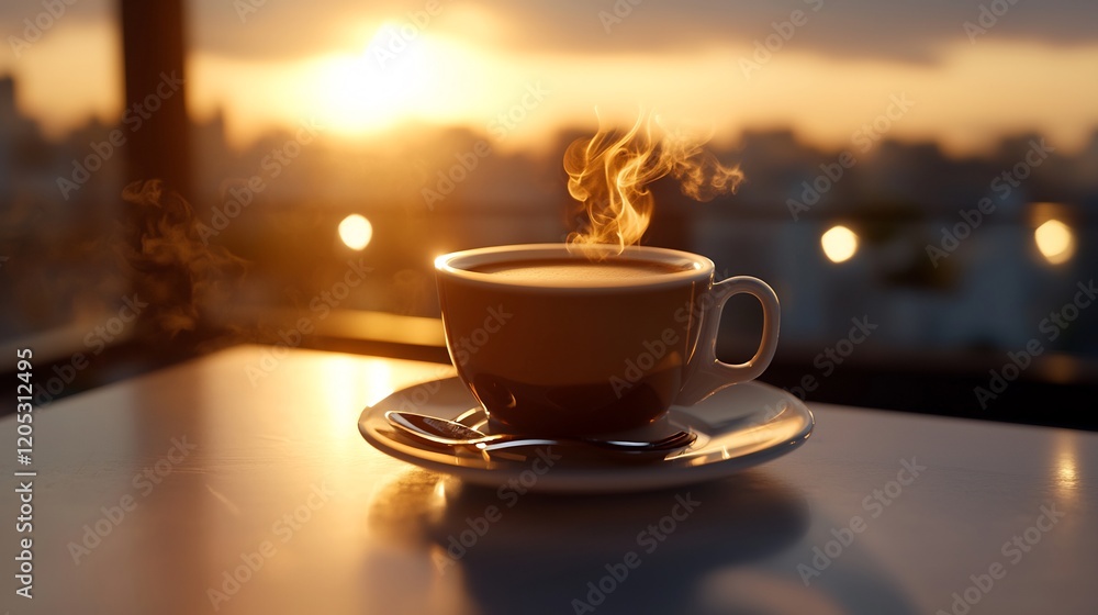 Obraz premium Sunrise Coffee: A Warm Cup at Dawn