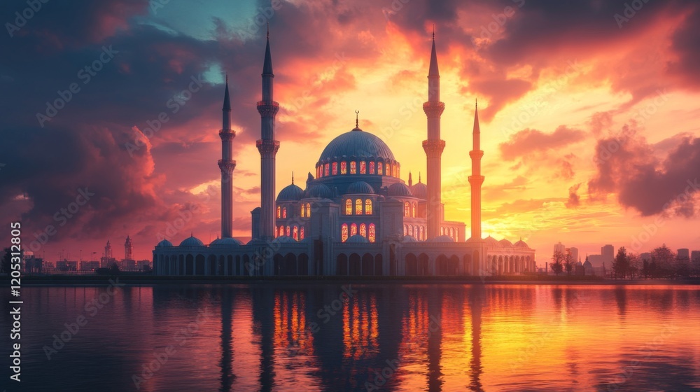 Fototapeta premium Majestic Mosque Sunset Scenic Cityscape Reflection