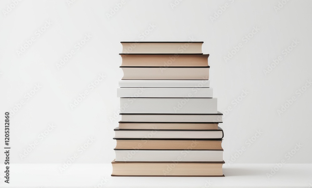 Stack of hardcover books in tan, white, and black, organized on white shelf...Concept: Classic literature, organization, study Stack of hardcover books in tan, white, and black, organized on white shelf...Concept: Classic literature, organization, study