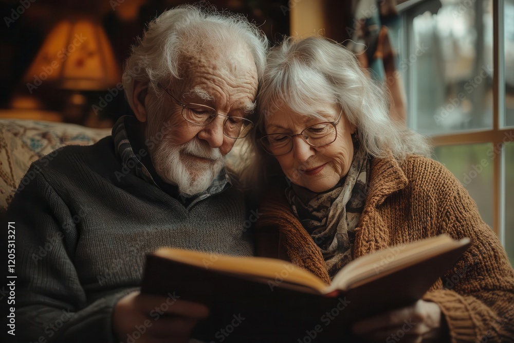 a tender elderly couple sharing intimate moment reading heartfelt birthday wishes warm golden hour light streaming through window cozy living room setting a tender elderly couple sharing intimate moment reading heartfelt birthday wishes warm golden hour light streaming through window cozy living room setting