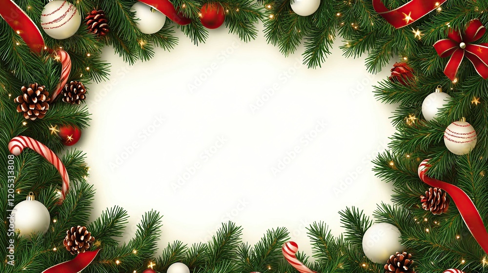 Festive Christmas frame with ornaments, pine, candy canes, and ribbons. Festive Christmas frame with ornaments, pine, candy canes, and ribbons.