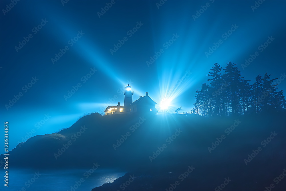 A lighthouse shining a bright light in the dark blue ocean