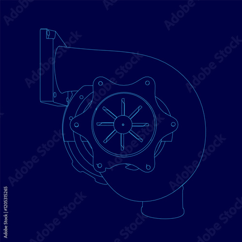 Blue drawing of a car turbine engine with a large fan. The fan is surrounded by a circle and is the center of the drawing