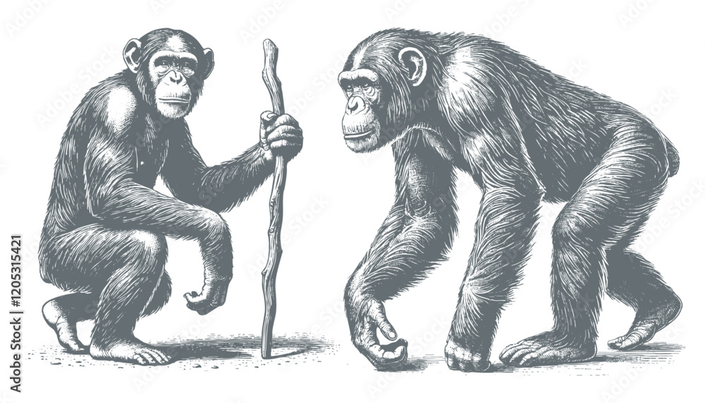 Fototapeta premium chimpanzee vector | chimpanzee illustration | chimpanzee silhouette | chimpanzee tattoo | chimpanzee engraving | chimpanzee drawing 