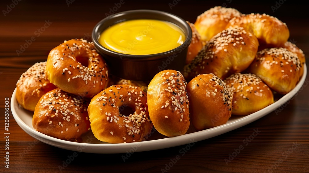 A photo of warm pretzel bites with mustard A photo of warm pretzel bites with mustard