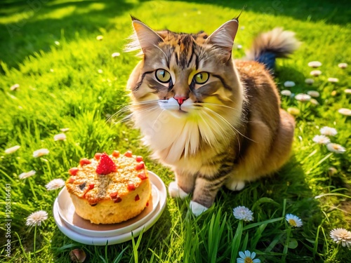 Aerial View of Adorable Cat Devouring Delicious Cake Outdoors photo