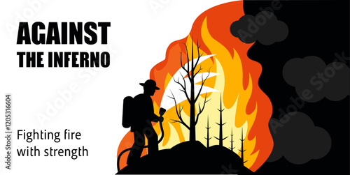 Banner of Firefighter Facing a Wall of Flames. Conceptual Silhouette with Water Sprayer and forest