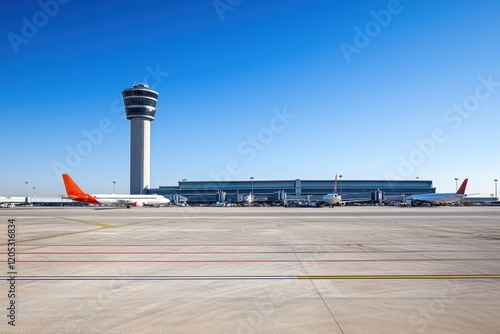 Airplanes on the tarmac at an airport panoramic view of the airport exterior clear sky transportation hub aviation concept