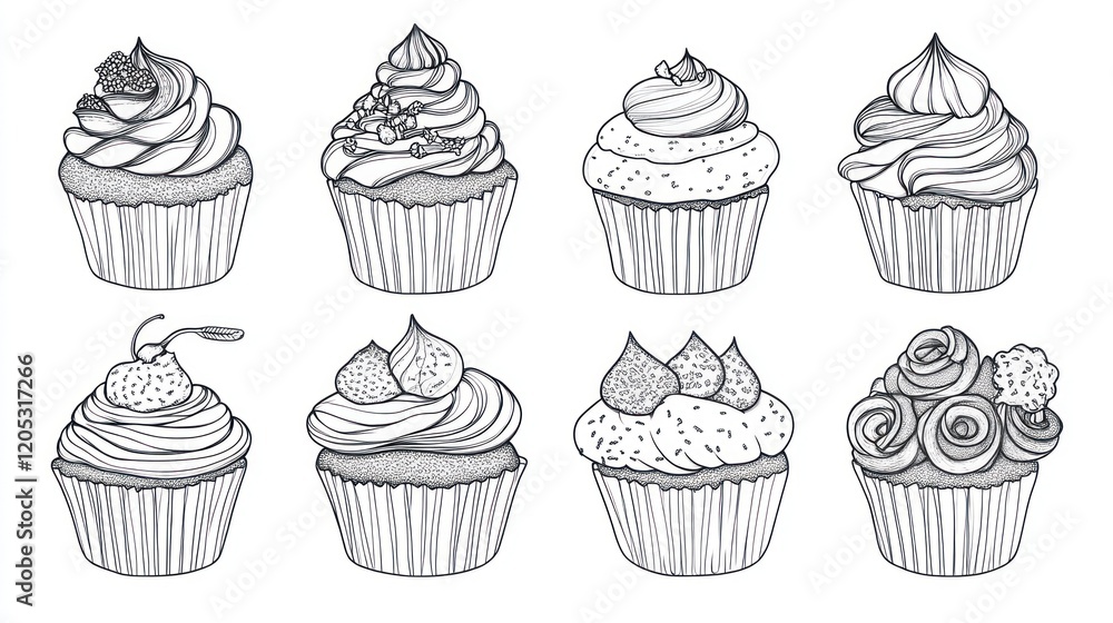 Eight unique cupcake illustrations with different toppings in black and white Eight unique cupcake illustrations with different toppings in black and white