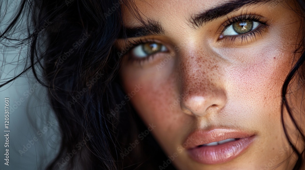 Close-up Portrait of a Woman with Freckles and Dark Hair Close-up Portrait of a Woman with Freckles and Dark Hair