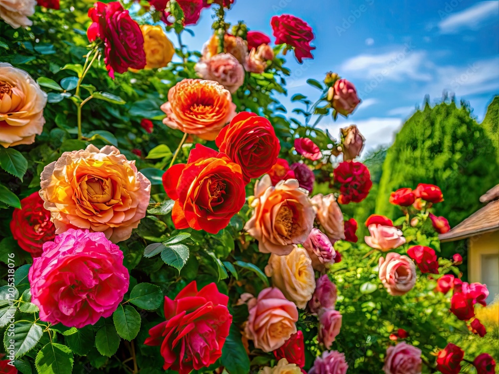 Architectural rose bush, a stunning floral masterpiece in full bloom, captivating garden photography. Architectural rose bush, a stunning floral masterpiece in full bloom, captivating garden photography.