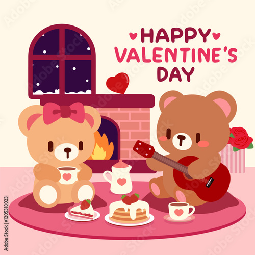 Valentine's Day illustration of a teddy bear couple enjoying a cozy fireplace date with music, coffee, and sweet treats.